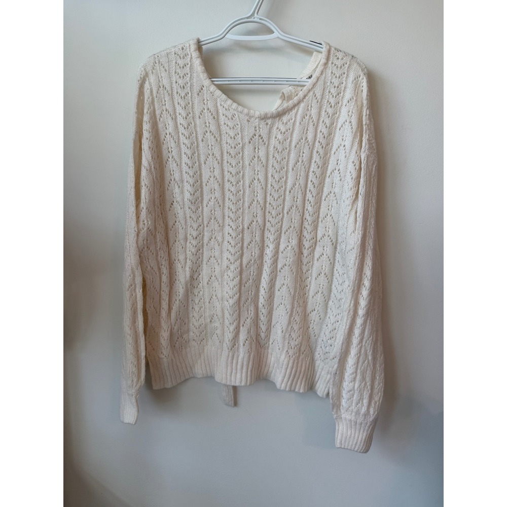 MINE Cream Pointelle Knit Sweater Lace Up Back Long Sleeve Crochet Top Medium